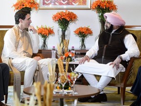 Prime Minister Justin Trudeau meets with Chief Minister of Punjab Amarinder Singh in Amritsar, India on Wednesday, Feb. 21, 2018.