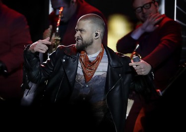 Justin Timberlake performs during halftime of the NFL Super Bowl 52 football game between the Philadelphia Eagles and the New England Patriots Sunday, Feb. 4, 2018, in Minneapolis. (AP Photo/Matt Slocum) ORG XMIT: SB311