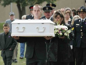Robert Kinghorn, who discovered the mummified remains of a newborn baby during renovations to a Toronto house, carries a small casket to its final resting place at Elgin Mills Cemetery in 2007. Kinghorn named the child Baby Kintyre from the street where he was found after remaining hidden for 80 years.
