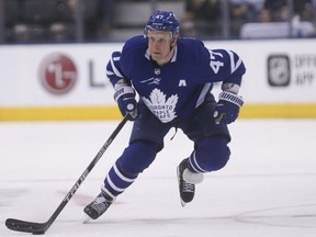 Toronto Maple LeafsÊLeo Komarov C (47) heads up the ice during the third period in Toronto on Wednesday January 31, 2018.