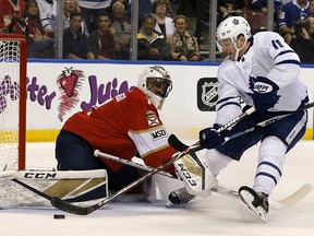 Toronto Maple Leafs centre Zach Hyman (11) can't score against Florida Panthers goaltender Roberto Luongo (1)  Tuesday, Feb. 27, 2018, in Sunrise, Fla. (AP Photo/Joe Skipper)