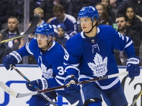 Toronto Maple Leafs William Nylander (front) and Auston Matthews during action against Colorado Avalanche at the Air Canada Centre in Toronto, Ont. on January 22, 2018. Ernest Doroszuk/Toronto Sun