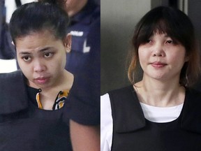 This combination of Oct. 2, 2017, file photos shows Indonesian Siti Aisyah, left, and Vietnamese Doan Thi Huong, right, escorted by police as they leave a court hearing in Shah Alam, Malaysia, outside Kuala Lumpur. The women are accused in the assassination of Kim Jong Un's brother.