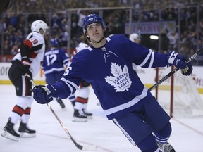 Mitch Marner celebrates the Maple Leafs' opening goal against the Ottawa Senators on Saturday night at the ACC. (Jack Boland/Toronto Sun)
