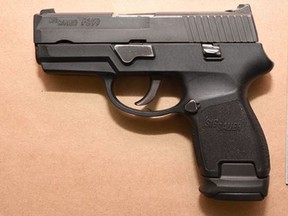 A handgun seized in an attempted murder, robbery investigation.
