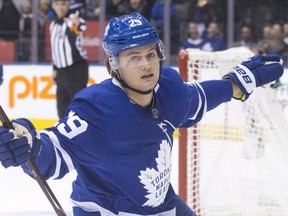 Toronto Maple Leafs centre William Nylander (29) celebrates his goal against the Tampa Bay Lightning during second period NHL hockey action in Toronto on Monday, February 12, 2018.