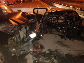 The scene of a Jan. 27, 2018 crash on the QEW near Cawthra Rd. that killed Nicole Turcotte, 22. (OPP_HSD)