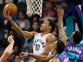 Toronto Raptors guard DeMar DeRozan shoots against the Charlotte Hornets on Feb. 11, 2018