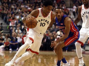 DeMar DeRozan of the Toronto Raptors gets around Avery Bradley of the Detroit Pistons at the Air Canada Centre in Toronto, Ont. on Thursday January 18, 2018.