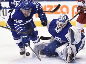 Morgan Rielly and Frederik Andersen during a game against the Carolina Hurricanes on Dec. 19, 2017
