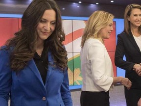 Ontario Conservative party leadership candidates Tanya Granic Allen, left to right, Christine Elliott, Caroline Mulroney and Doug Ford are seen in TVO studios in Toronto on Thursday, February 15, 2018 following a televised debate. THE CANADIAN PRESS