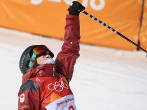 Cassie Sharpe celebrates her second run in the ladies ski halfpipe final.