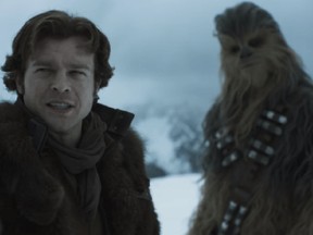 Alden Ehrenreich and Joonas Suotamo in a scene from Solo: A Star Wars Story.