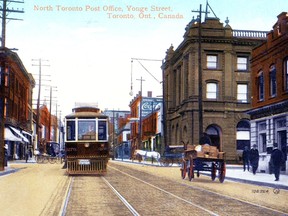 This is an example of one of the vintage postcards I purchased at a recent Toronto Postcard Club show. In it, the photographer, working for the Valentine card publishing company (as identified by the JV symbol in the lower right corner of the card and the company’s file number for this specific image) pointed his camera north up Yonge St. from the Charles St. corner towards Bloor St. In the foreground streetcar 1270 of the city's privately owned Toronto Railway Company is southbound on Yonge St. It will then curve west on Front St. to discharge or pick up passengers at the Union Station, which when this photo was taken in 1911, was located west of York St. Often, the back of postcards would be left plain by people who simply collected them as souvenirs. In that case, the date would have to be determined by coordinating businesses appearing in the image with the years they were at that address in the annual city directories. If the card was sent as a greeting, there’d be a postmark and a date. Such was the case with this gem.