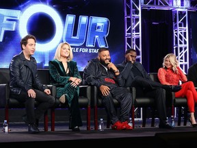 (L-R) Panellists Charlie Walk, Meghan Trainor, DJ Khaled and Sean 'Diddy' Combs and host Fergie of the television show The Four speak onstage during the FOX portion of the 2018 Winter Television Critics Association Press Tour at The Langham Huntington, Pasadena on Jan. 4, 2018 in Pasadena, Calif. (Frederick M. Brown/Getty Images)