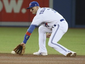 Blue Jays shortstop Troy Tulowitzki makes a play against the Orioles during MLB action in Toronto on June 29, 2017.