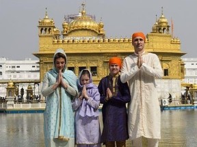 Prime Minister Justin Trudeau wife Sophie Gregoire Trudeau, and children, Xavier, 10, Ella-Grace, 9, visit the Golden Temple in Amritsar, India on Wednesday, Feb. 21, 2018.