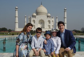 Canada’ Prime Minister Justin Trudeau, his wife Sophie Gregoire and his children pose for a photograph during their visit to Taj Mahal in Agra on February 18, 2018. (MONEY SHARMA/AFP/Getty Images)