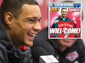 Toronto FC player Gregory van der Wiel (left) during an introductory press conference. (Ernest Doroszuk/Toronto Sun/Postmedia Network)