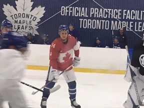 William Nylander of the Toronto Maple Leafs wears a Canadian jersey during his team's workout on Feb. 21, 2018. (TORONTO SUN)