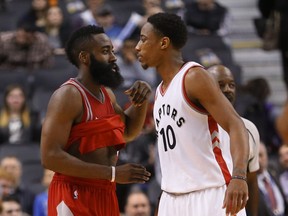 Houston Rockets' James Harden shakes hands with Toronto Raptors' DeMar DeRozan after a game last season. (JACK BOLAND/Toronto Sun)