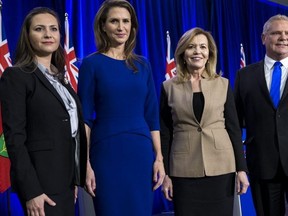 Ontario PC leadership candidates (L-R) Tanya Granic Allen, Caroline Mulroney, Christine Elliott, and Doug Ford pose for a photo following this week's debate in Ottawa. (Postmedia Network)