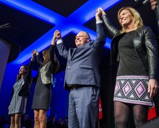 Ontario PC Leader Doug Ford is joined by former leadership rivals (from left) Tanya Granic Allen, Caroline Mulroney and Christine Elliott on the stage at the PC Unity Rally at the Toronto Congress Centre. (Ernest Doroszuk/Toronto)Sun/Postmedia Network