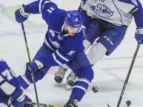 Toronto Marlies forward Andreas Johnsson during AHL action against Syracuse Crunch defenceman Ben Thomas at Ricoh Coliseum in Toronto on May 9, 2017
