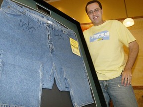 Happier times when twisted Subway pitchman Jared Fogle showed off his fat pants.