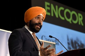 Minister of Innovation, Science and Economic Development Navdeep Bains speaks during an announcement on investments in 5G technology by the Ontario, Quebec and federal governments, in Ottawa on Monday, March 19, 2018. THE CANADIAN PRESS/Justin Tang
