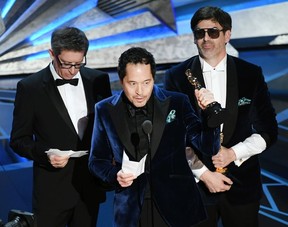 Production designers Jeff Melvin, Paul Denham Austerberry and Shane Vieau accept Best Production Design for 'The Shape of Water' onstage during the 90th Annual Academy Awards at the Dolby Theatre at Hollywood & Highland Center on March 4, 2018 in Hollywood, California.