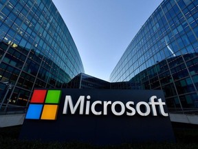 The logo of French headquarters of American multinational technology company Microsoft, is pictured outside on March 6, 2018 in Issy-Les-Moulineaux, France.