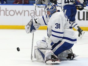 Frederik Andersen of the Toronto Maple Leafs makes a save against the Buffalo Sabres at KeyBank Center on March 5, 2018 in Buffalo, New York. (Kevin Hoffman/Getty Images)