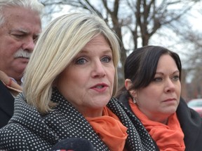 Ontario NDP leader Andrea Horwath, joined by Essex MPP Taras Natyshak, Windsor-Tecumseh MPP Percy Hatfied and Windsor West MPP Lisa Gretzky outside Hotel-Dieu Grace Hospital Friday, March 9, 2018, spoke about hospital overcrowding and wait-times crisis. (Julie Kotsis/Windsor Star)