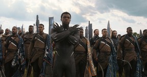 Black Panther/T’Challa (Chadwick Boseman), in background M’Baku (Winston Duke), Captain America (Chris Evans) and the Winter Soldier (Sebastian Stan). Photo: Film Frame.
