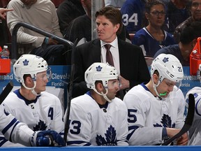 Head coach Mike Babcock of the Maple Leafs looks on during action against the Florida Panthers at the BB&T Center on February 27, 2018 in Sunrise, Florida. (Photo by Joel Auerbach/Getty Images)