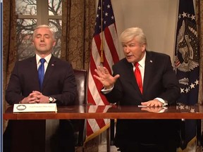 Comedian Beck Bennett, left, plays U.S. Vice President Mike Pence, next to actor Alec Baldwin, who brought back his version of U.S. President Donald Trump on 'Saturday Night Live.' (SNL/Facebook screengrab)