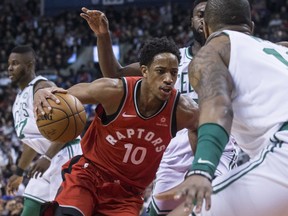 DeMar DeRozan (left) and the Raptors play the Celtics in Boston on Saturday and then again on Wednesday at home. 
THE CANADIAN PRESS/Chris Young