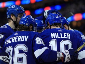 J.T. Miller of the Tampa Bay Lightning celebrates a goal during a game against the Ottawa Senators at Amalie Arena on March 13, 2018 in Tampa. (Mike Ehrmann/Getty Images)