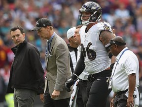 Brent Urban of the Baltimore Ravens is helped off the field after an injury during the NFL International Series at Wembley Stadium on September 24, 2017 in London, England. (Matthew Lewis/Getty Images)