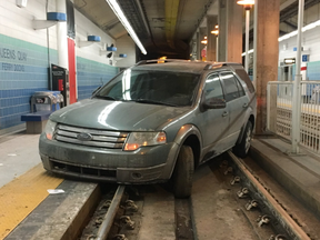 A vehicle gets stuck in the Queens Quay streetcar tunnel from Dec. 31, 2017.