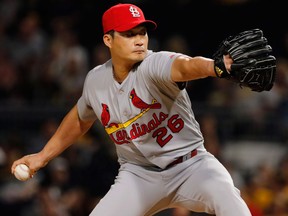 In this Sept. 23, 2017, file photo, St. Louis Cardinals relief pitcher Seung-Hwan Oh delivers in the eighth inning of a baseball game against the Pittsburgh Pirates in Pittsburgh