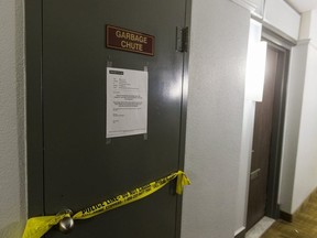 A man is dead after falling down a garbage chute from the 9th floor at the apartment building, during Tuesday night at 140 Erskine Ave. in Toronto, Ont. on Wednesday March 28, 2018. The door to garbage chute on the 9th floor is sealed off.  Ernest Doroszuk/Toronto Sun/Postmedia Network