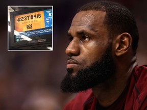 LeBron James and a Toronto subway station ad (inset) trying to recruit the four-time NBA MVP to the Raptors