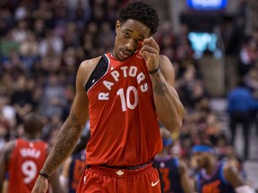 Toronto Raptors guard DeMar DeRozan reacts during a game against the Oklahoma City Thunder on March 18, 2018