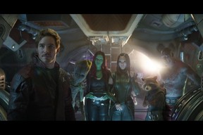 (L-R) Star-Lord/Peter Quill (Chris Pratt), Groot (voiced by Vin Diesel), Gamora (Zoe Saldana), Mantis (Pom Klementieff), Rocket (voiced by Bradley Cooper) and Drax (Dave Bautista). Photo: Film Frame.