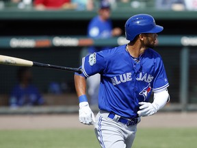 Lourdes Gurriel of the Toronto Blue Jays hits a home run against the Baltimore Orioles in a spring training game on March 8, 2017 at Ed Smith Stadium in Sarasota. (Justin K. Aller/Getty Images)