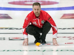 Team Canada skip Brad Gushue watches his shot as they play Alberta at the Brier curling championship at the Brandt Centre in Regina on March 7, 2018