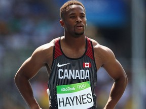 Akeem Haynes of Canada looks on during Round 1 of the men's 4 x 100m relay on Day 13 of the Rio Olympics at the Olympic Stadium on Aug. 18, 2016 in Rio de Janeiro