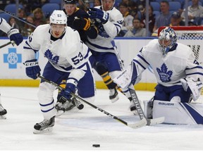 Toronto Maple Leafs defenseman Rinat Valiev (53) moves the puck up ice during the first period of a preseason NHL hockey game against the Buffalo Sabres, Saturday Sept. 23, 2017, in Buffalo, N.Y. The Toronto Maple Leafs acquired forwards Tomas Plekanec and Kyle Baun from the Montreal Canadiens for defenceman Valiev, forward Kerby Rychel and a 2018 second-round draft pick Sunday.THE CANADIAN PRESS/AP Photo/Jeffrey T. Barnes ORG XMIT: CPT110